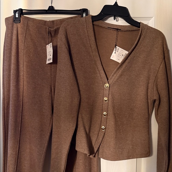 Zara Pants - Zara Brown Knit Pantsuit with Gold Buttons